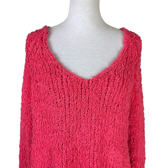Free People Sand Dune Pullover Coral Pink V-Neck Long Bell Sleeve Fuzzy Sweater - Picture 3 of 12